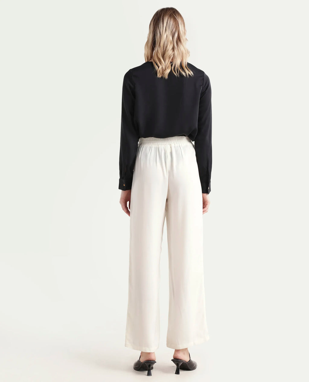 Rareism Women's Haz Light Off White Polyester Plain Ankle Length Wide Trouser