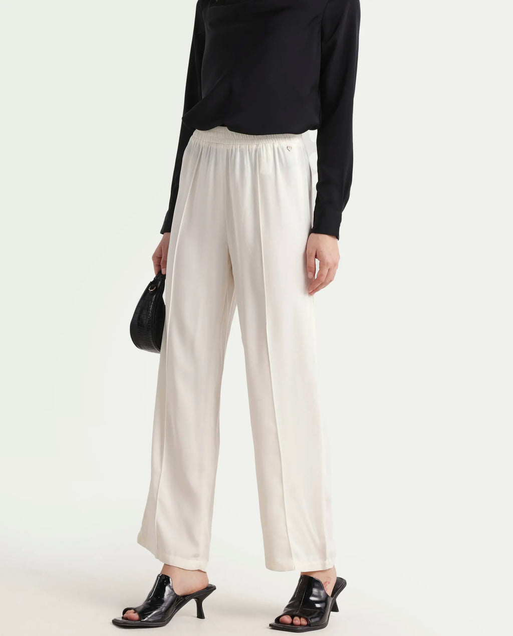 Rareism Women's Haz Light Off White Polyester Plain Ankle Length Wide Trouser