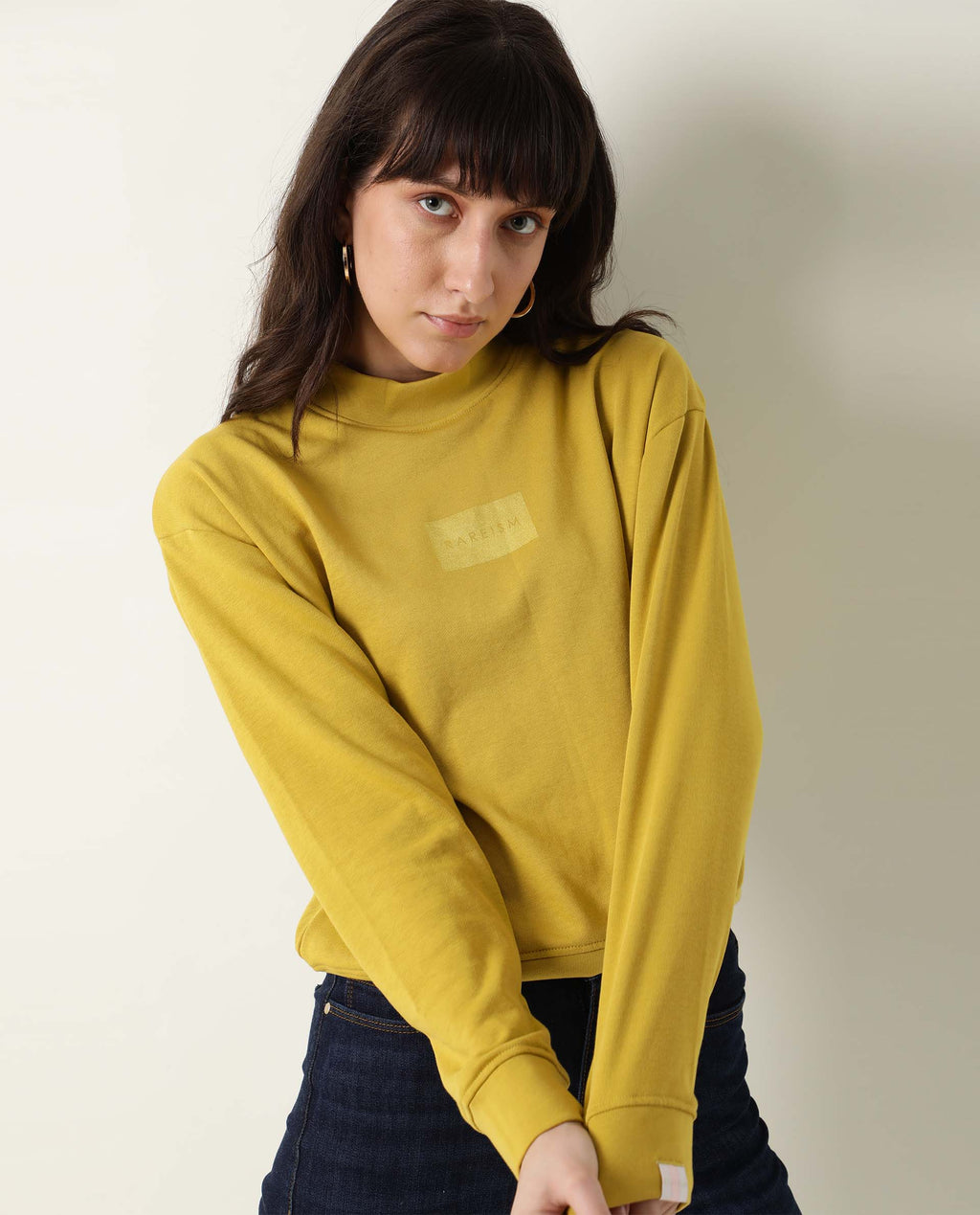 Rareism Women's Hectare Yellow Cotton Blend High Neck Plain Relaxed Fit Sweatshirt