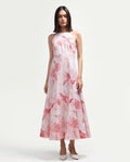 Rareism Women's Hedi Off White Cotton Halter Neck Fit And Flare Floral Print Dress