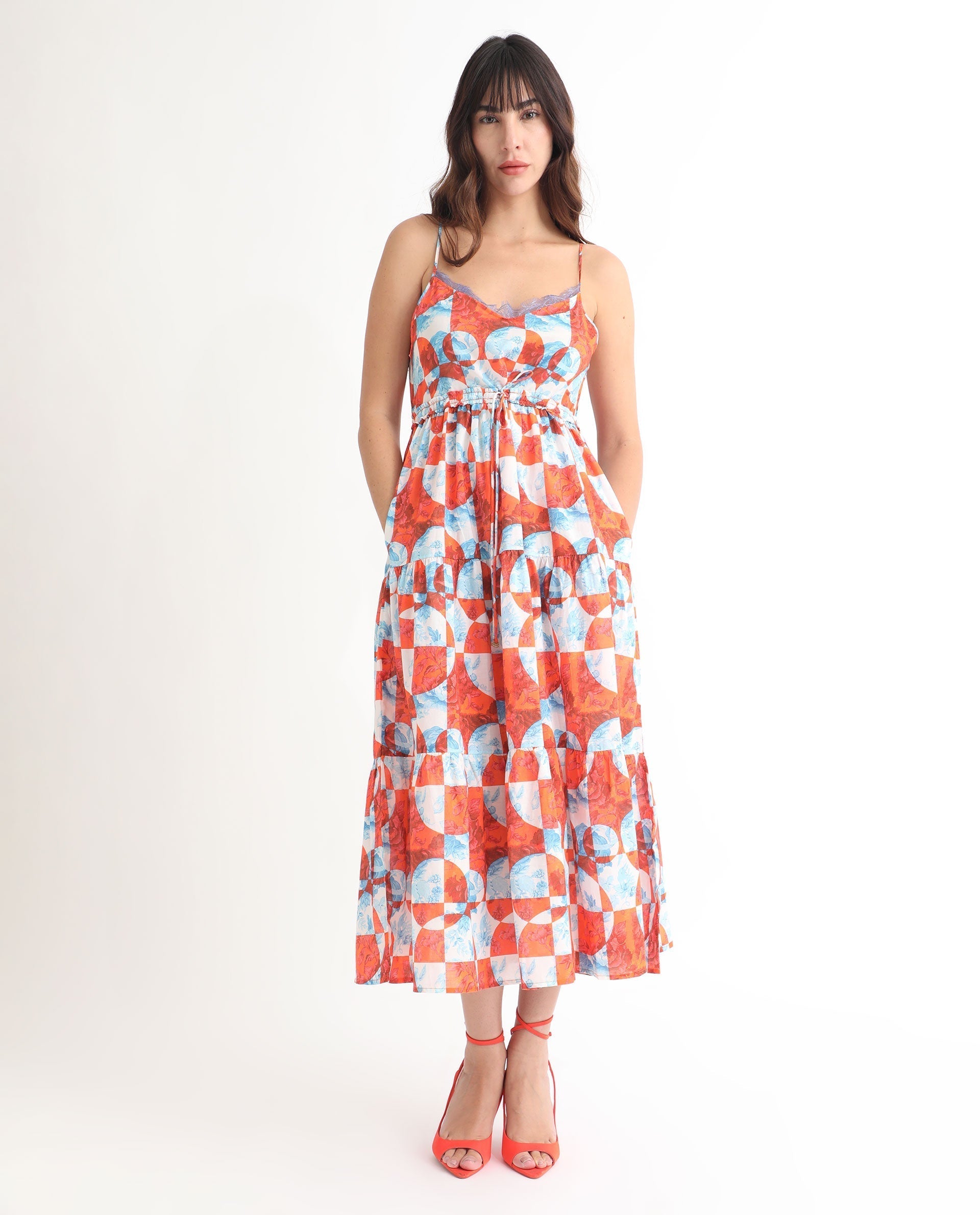Rareism Women's Henderson Orange Cotton V-Neck Abstract Print Shoulder Strap Maxi Regular Fit Dress