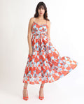 Rareism Women's Henderson Orange Cotton V-Neck Abstract Print Shoulder Strap Maxi Regular Fit Dress