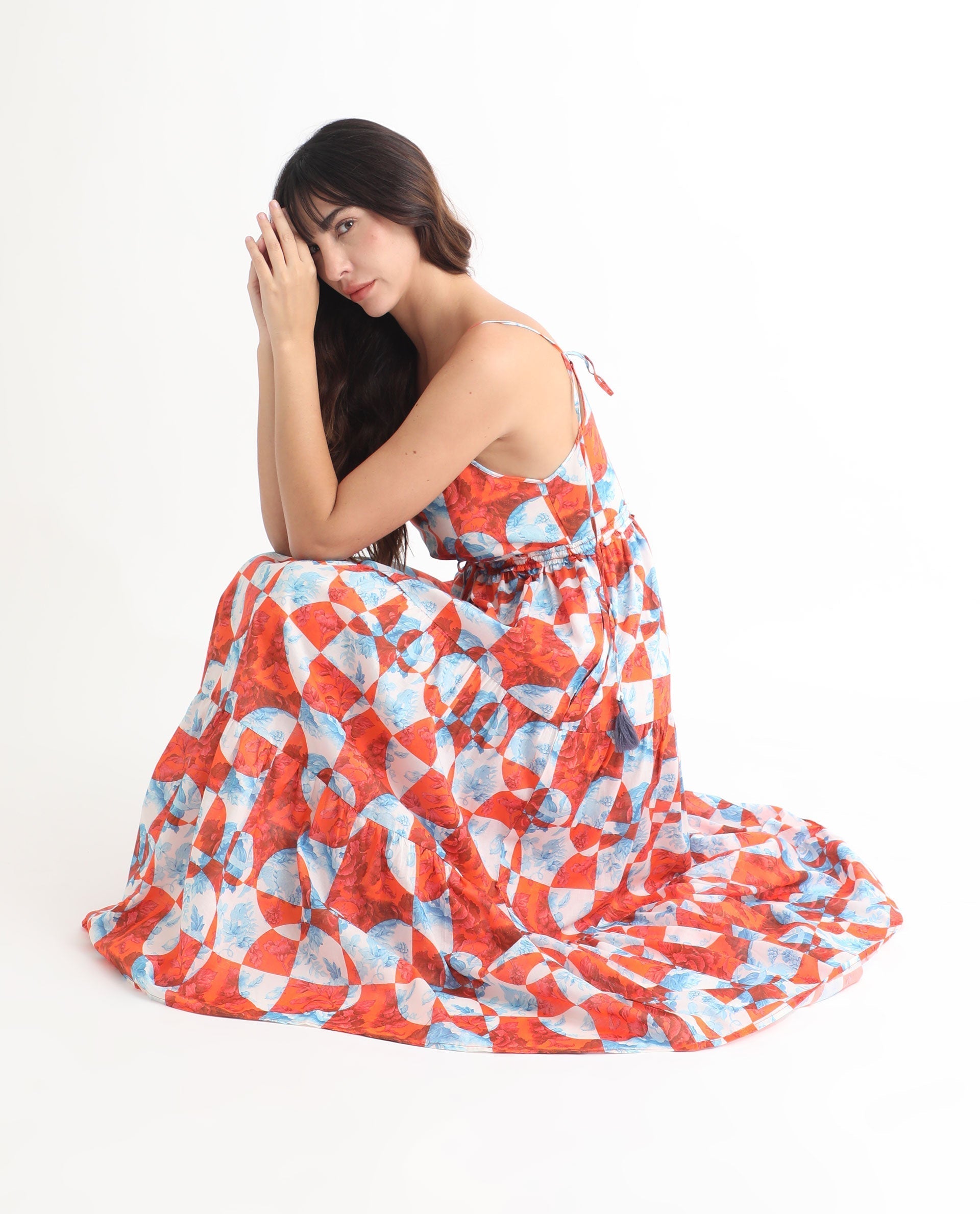 Rareism Women's Henderson Orange Cotton V-Neck Abstract Print Shoulder Strap Maxi Regular Fit Dress