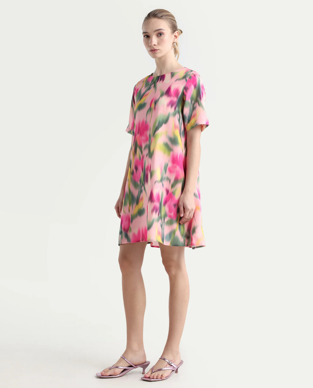Rareism Women's Henkim Multi Polyester Blend Crew Neck Floral Print Mini A-Line Dress