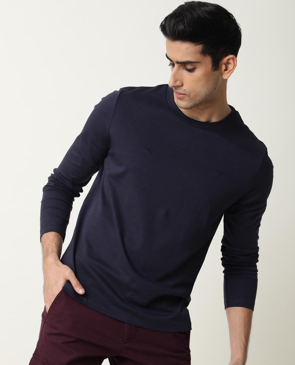 Rare Rabbit Men's Full Navy Cotton Plain Slim Fit Half Sleeve Crew Neck T-Shirt