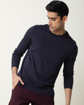Rare Rabbit Men's Full Navy Cotton Plain Slim Fit Half Sleeve Crew Neck T-Shirt
