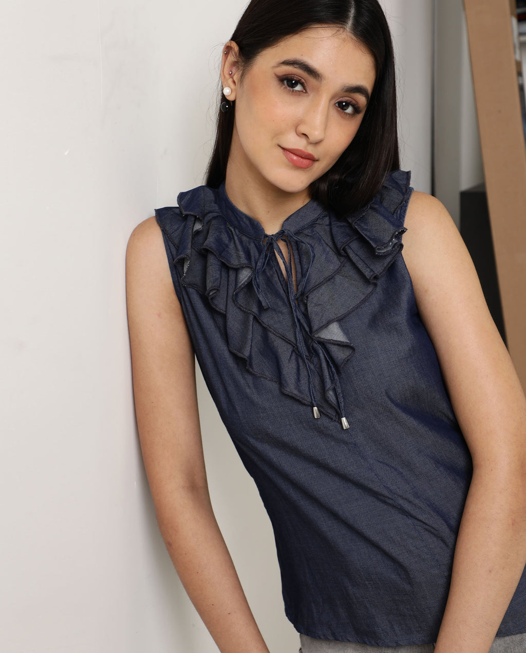 Rareism Women's Cage Navy Tencel Key Hole Neck Plain Sleeveless Tailored Top