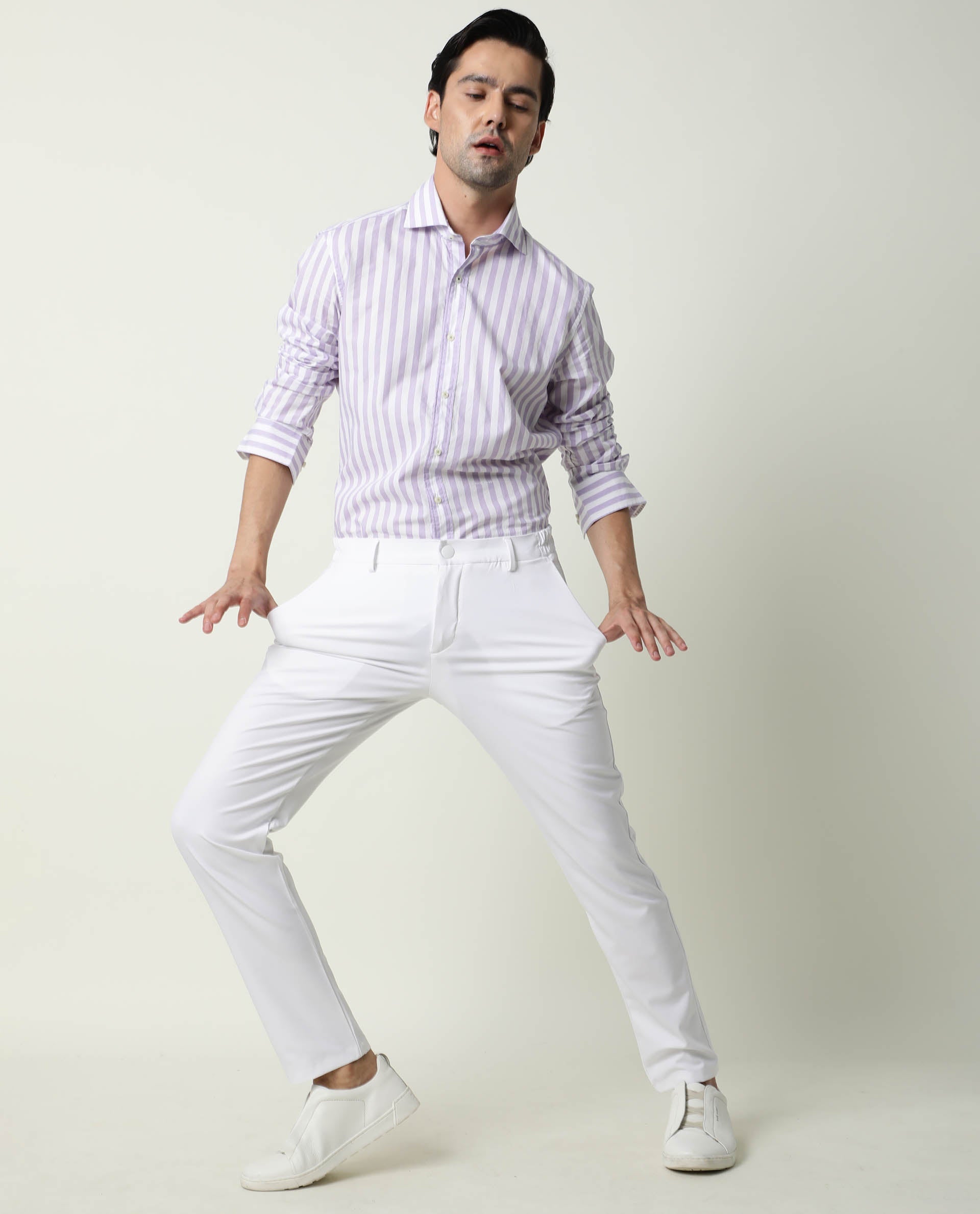 Rare Rabbit Men's Travel-1 White Solid Mid-Rise 4-Way Stretch Slim Fit Trouser