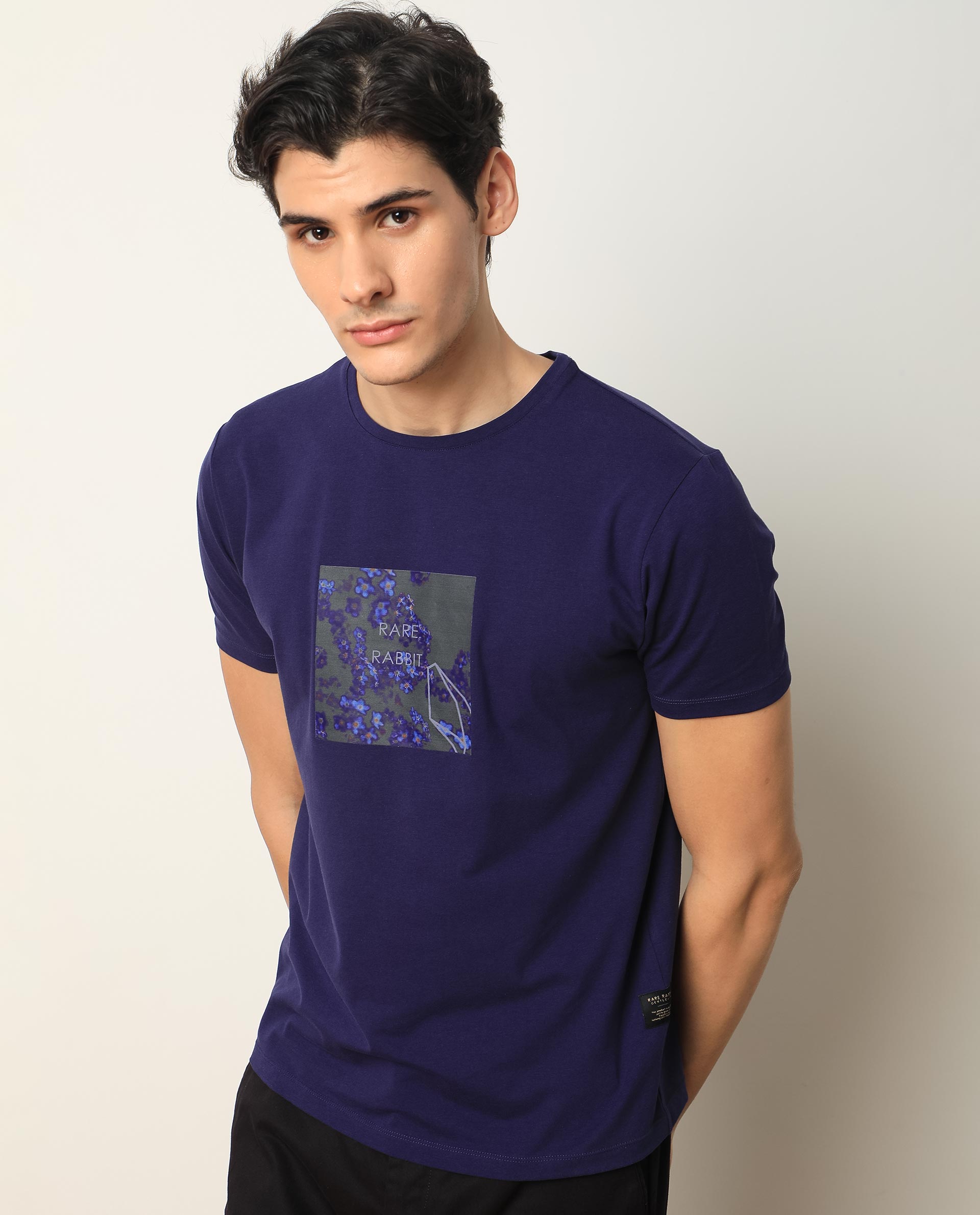 Rare Rabbit Men's Capri Purple Cotton Graphic Print Slim Fit Half Sleeve Crew Neck T-Shirt