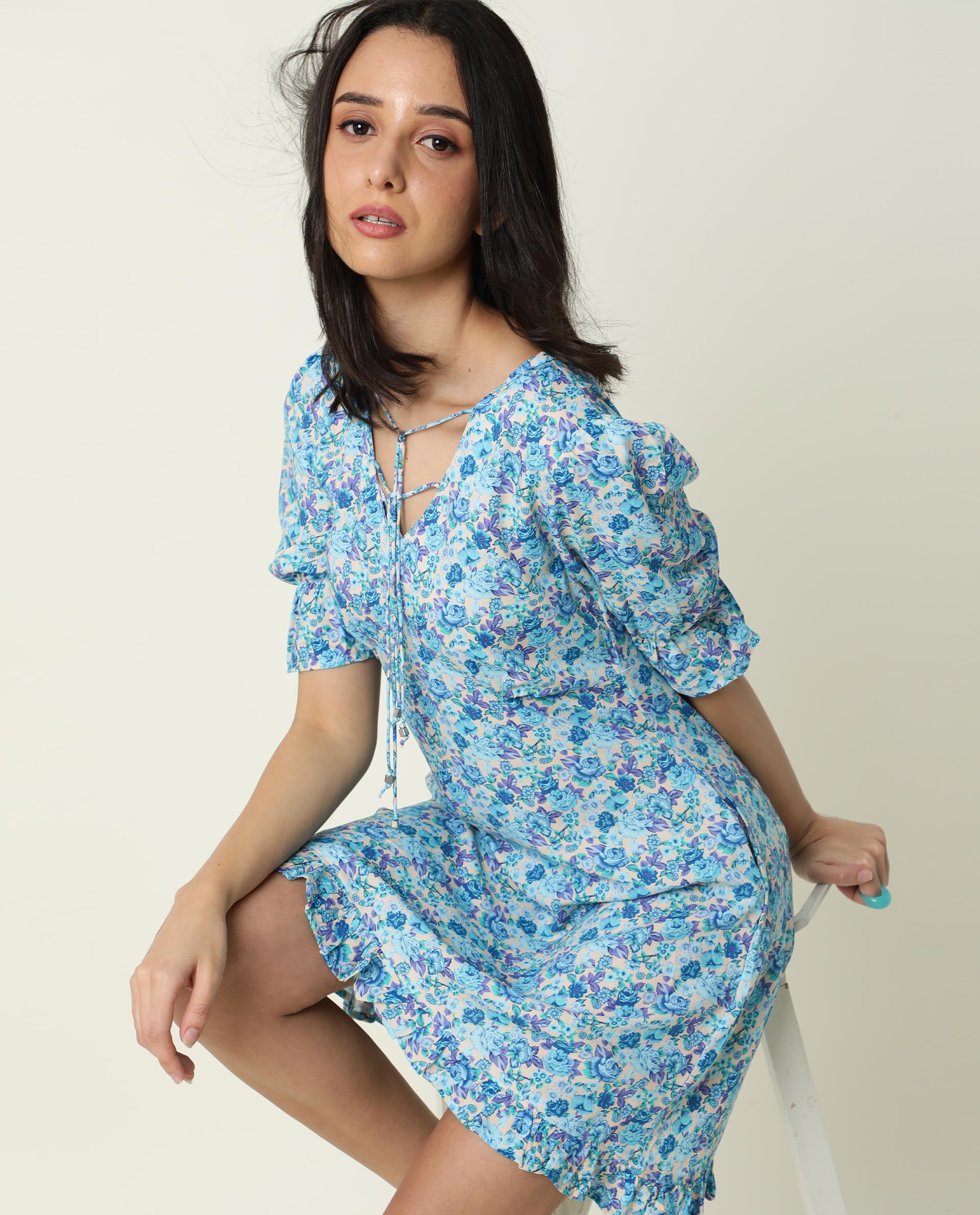 Rareism Women's Eon Blue Viscose V-Neck Floral Print Puff Sleeves Midi Slim Fit Dress