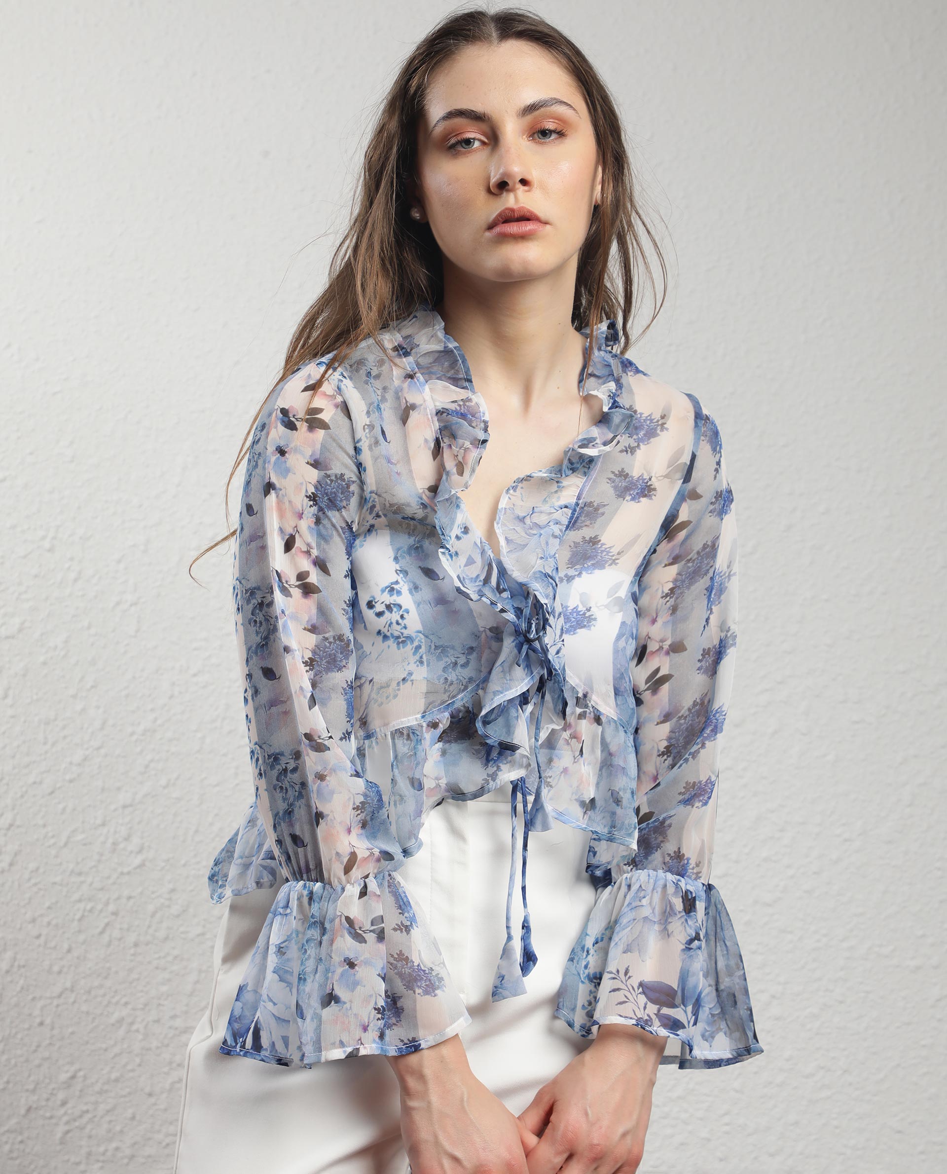 Rareism Women's Julieta Blue Polyester V-Neck Floral Print Bell Sleeve Regular Fit Shrug