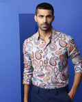 Rare Rabbit Men's Marsh Ls Blue Viscose Paisley Print Regular Fit Full Sleeve Collared Shirt