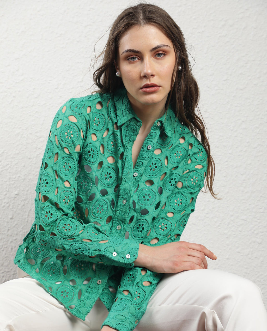 Rareism Women's Olivia Green Spread Collar Schiffli Knee Length Regular Fit Top