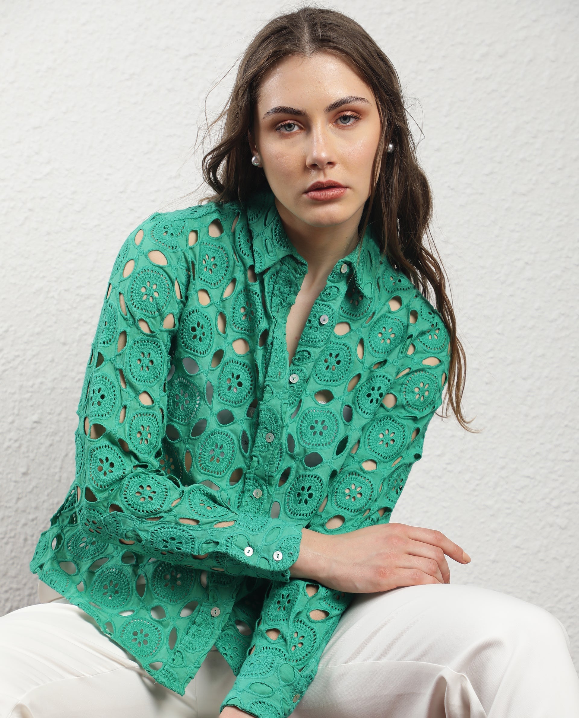 Rareism Women's Olivia Green Spread Collar Schiffli Knee Length Regular Fit Top