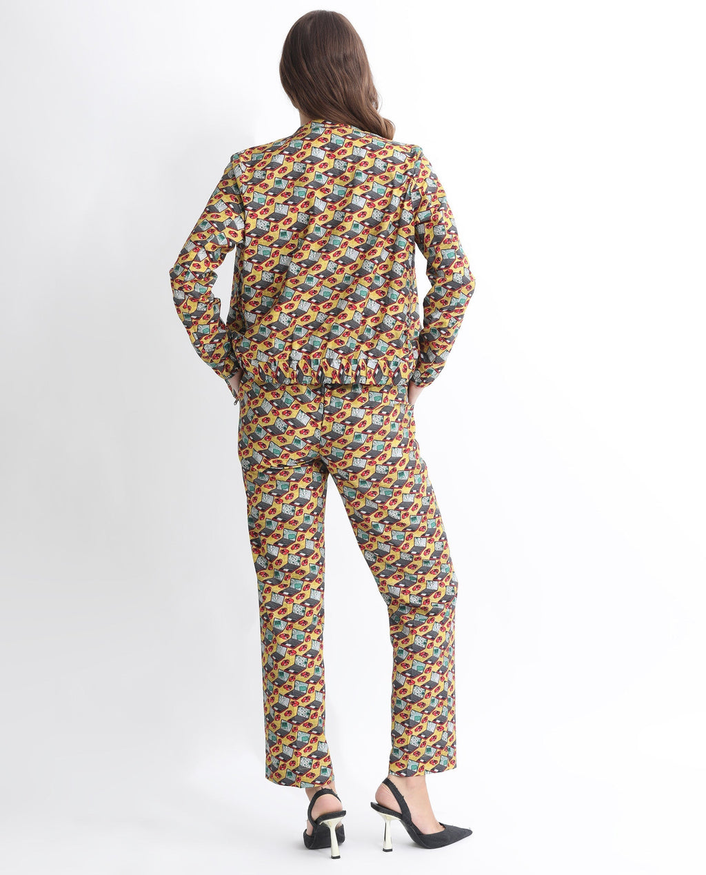 Rareism Women's Hertie-T Yellow Cotton Blend Mandarin Collar Geometric Print Regular Fit Jacket