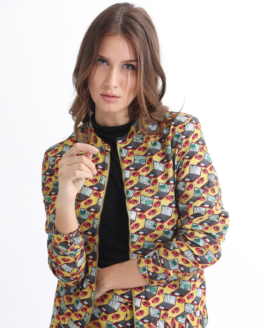 Rareism Women's Hertie-T Yellow Cotton Blend Mandarin Collar Geometric Print Regular Fit Jacket
