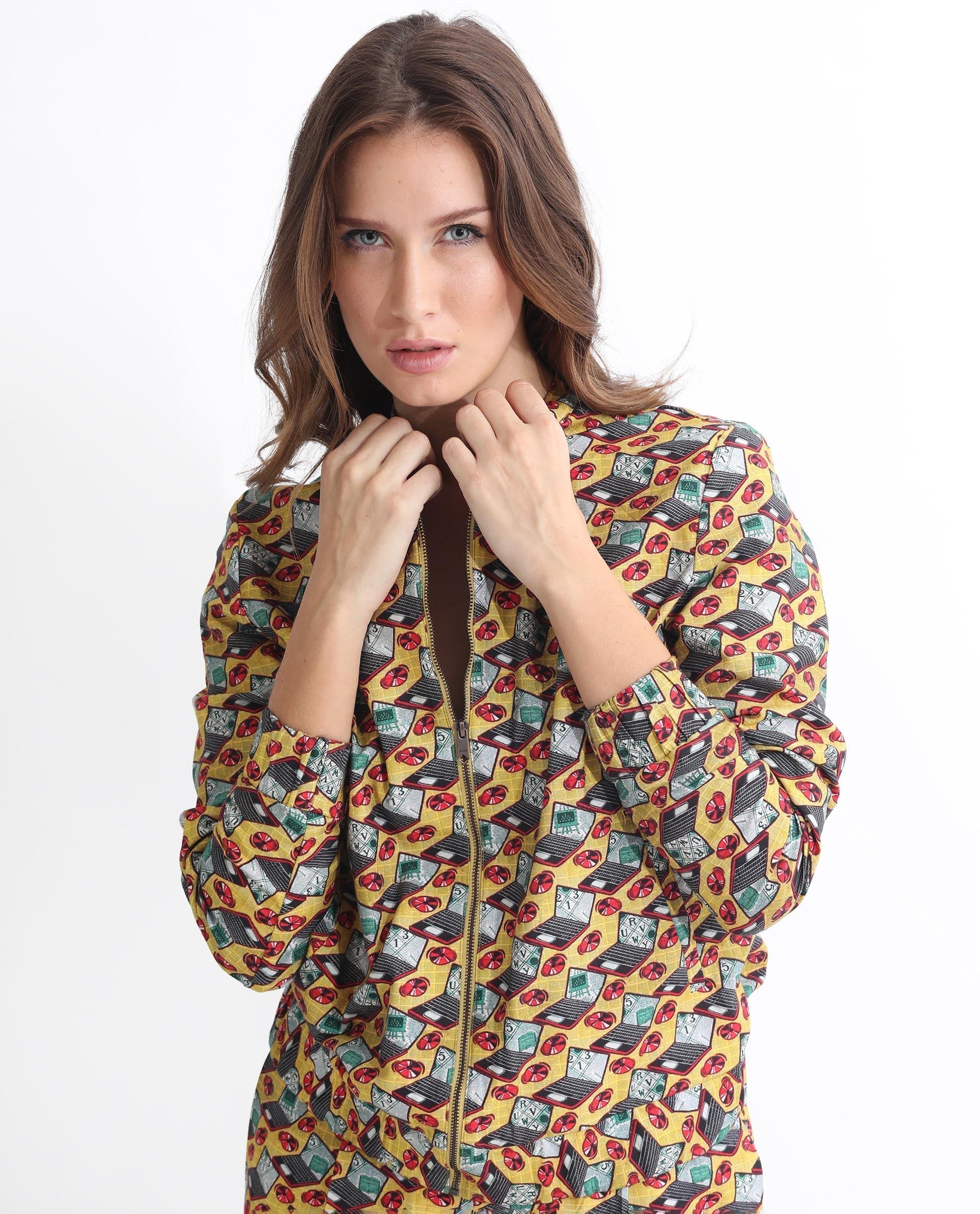 Rareism Women's Hertie-T Yellow Cotton Blend Mandarin Collar Geometric Print Regular Fit Jacket