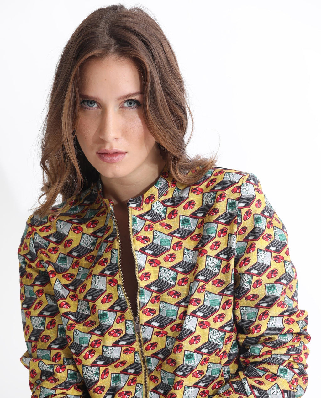 Rareism Women's Hertie-T Yellow Cotton Blend Mandarin Collar Geometric Print Regular Fit Jacket