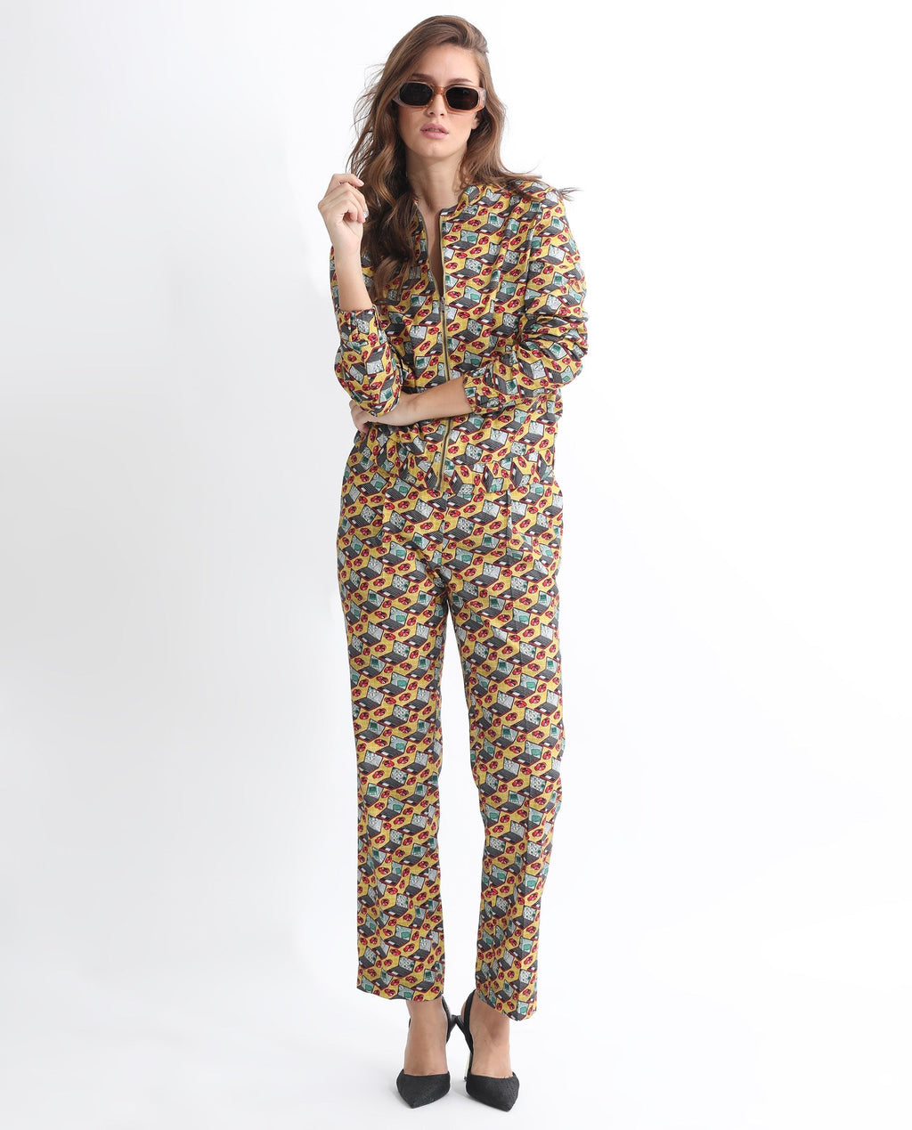 Rareism Women's Hertie-T Yellow Cotton Blend Mandarin Collar Geometric Print Regular Fit Jacket