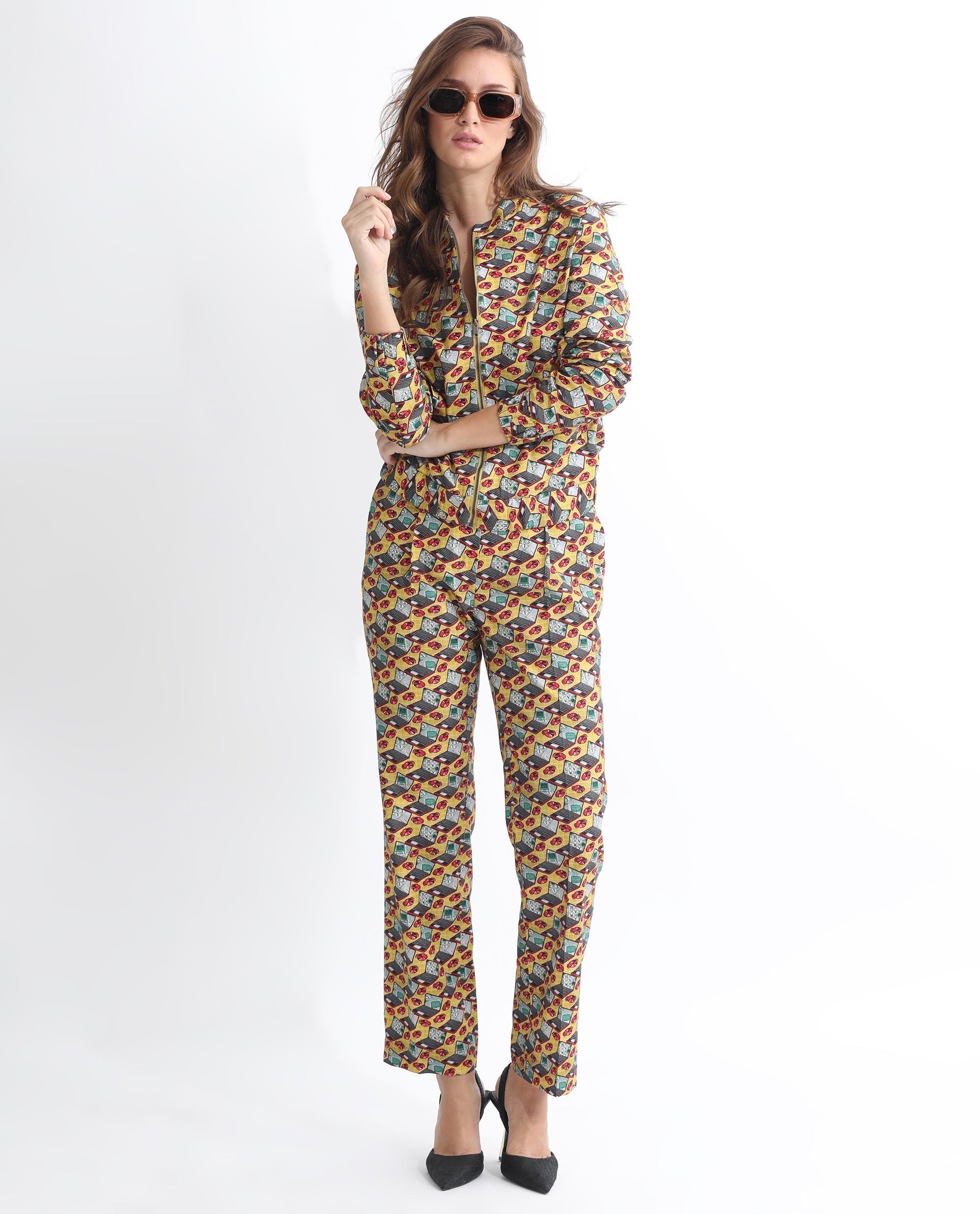 Rareism Women's Hertie-T Yellow Cotton Blend Mandarin Collar Geometric Print Regular Fit Jacket