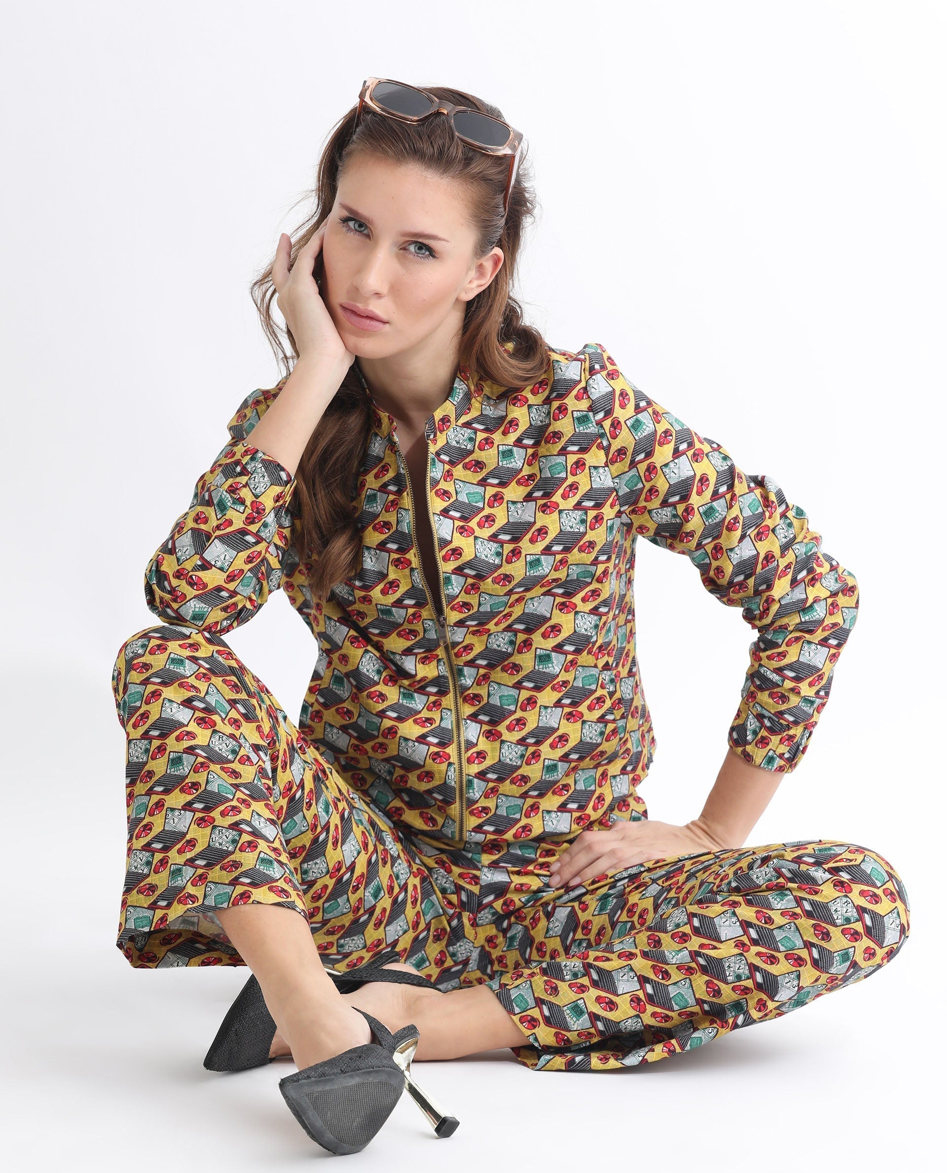 Rareism Women's Hertie-T Yellow Cotton Blend Mandarin Collar Geometric Print Regular Fit Jacket