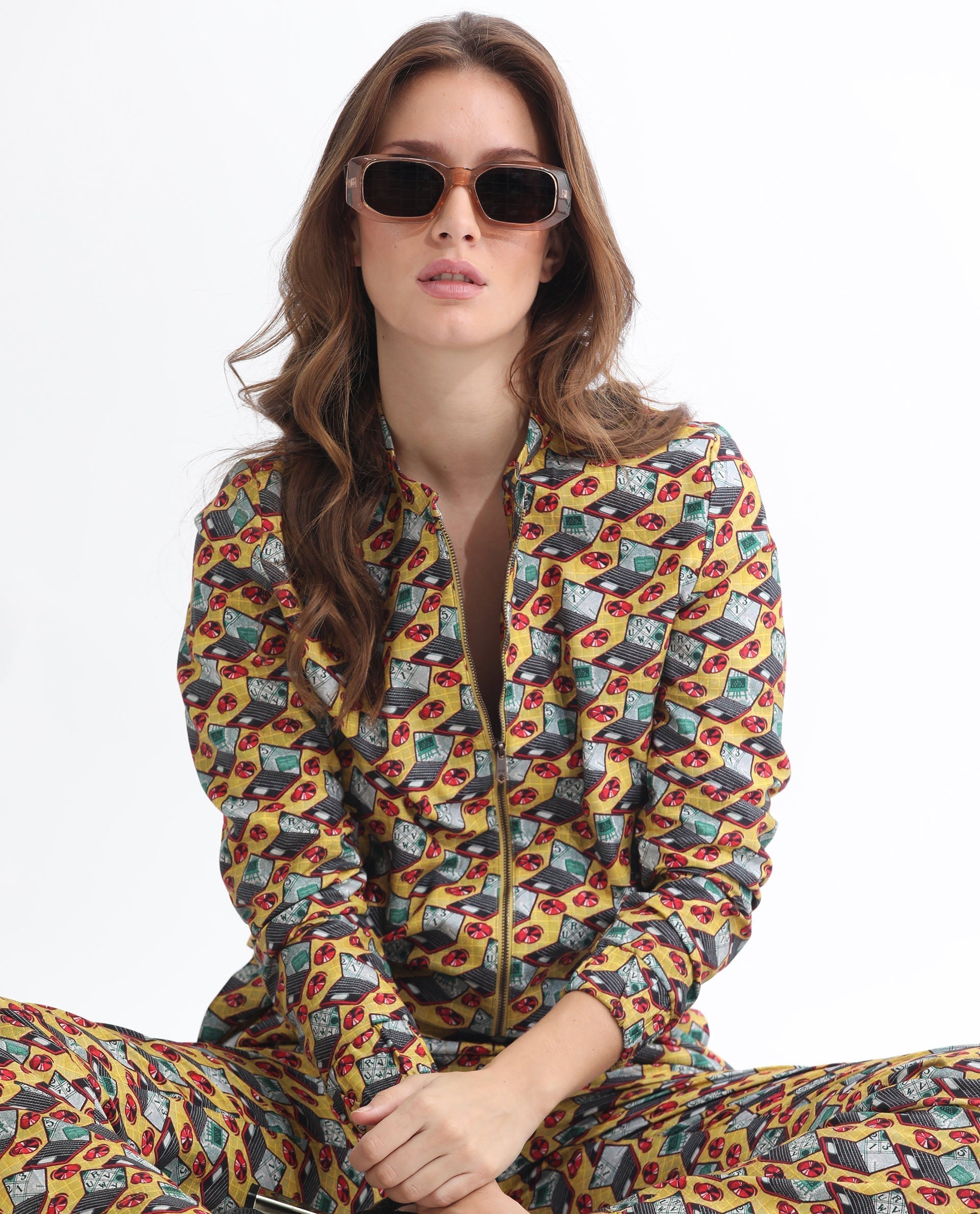 Rareism Women's Hertie-T Yellow Cotton Blend Mandarin Collar Geometric Print Regular Fit Jacket