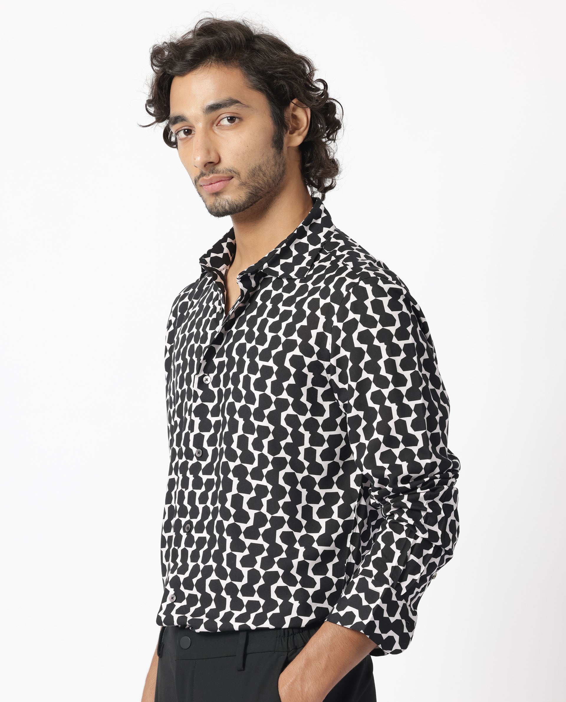 Rare Rabbit Men's Hexo Purple Viscose Geometric Print Regular Fit Full Sleeve Collared Shirt