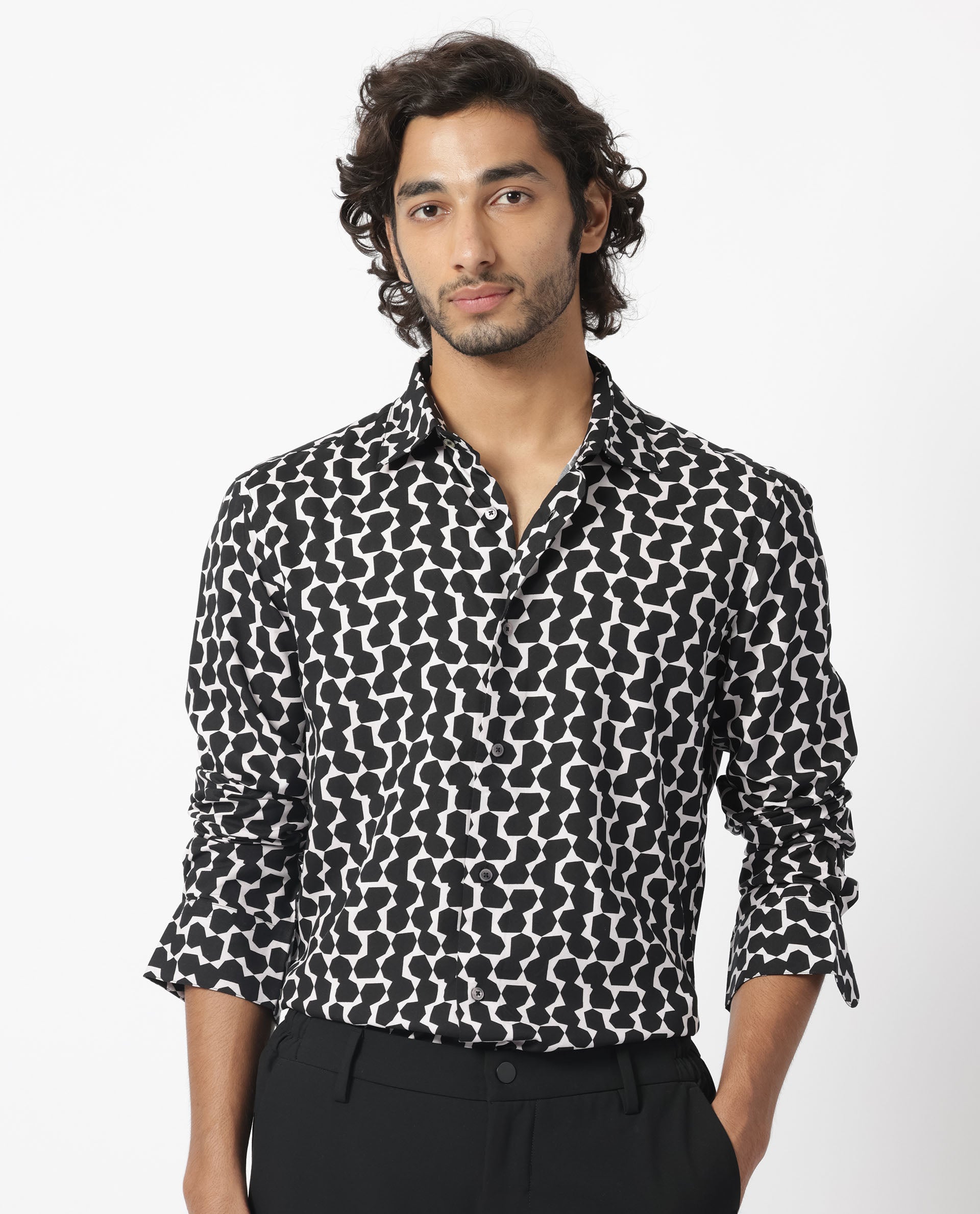 Rare Rabbit Men's Hexo Purple Viscose Geometric Print Regular Fit Full Sleeve Collared Shirt