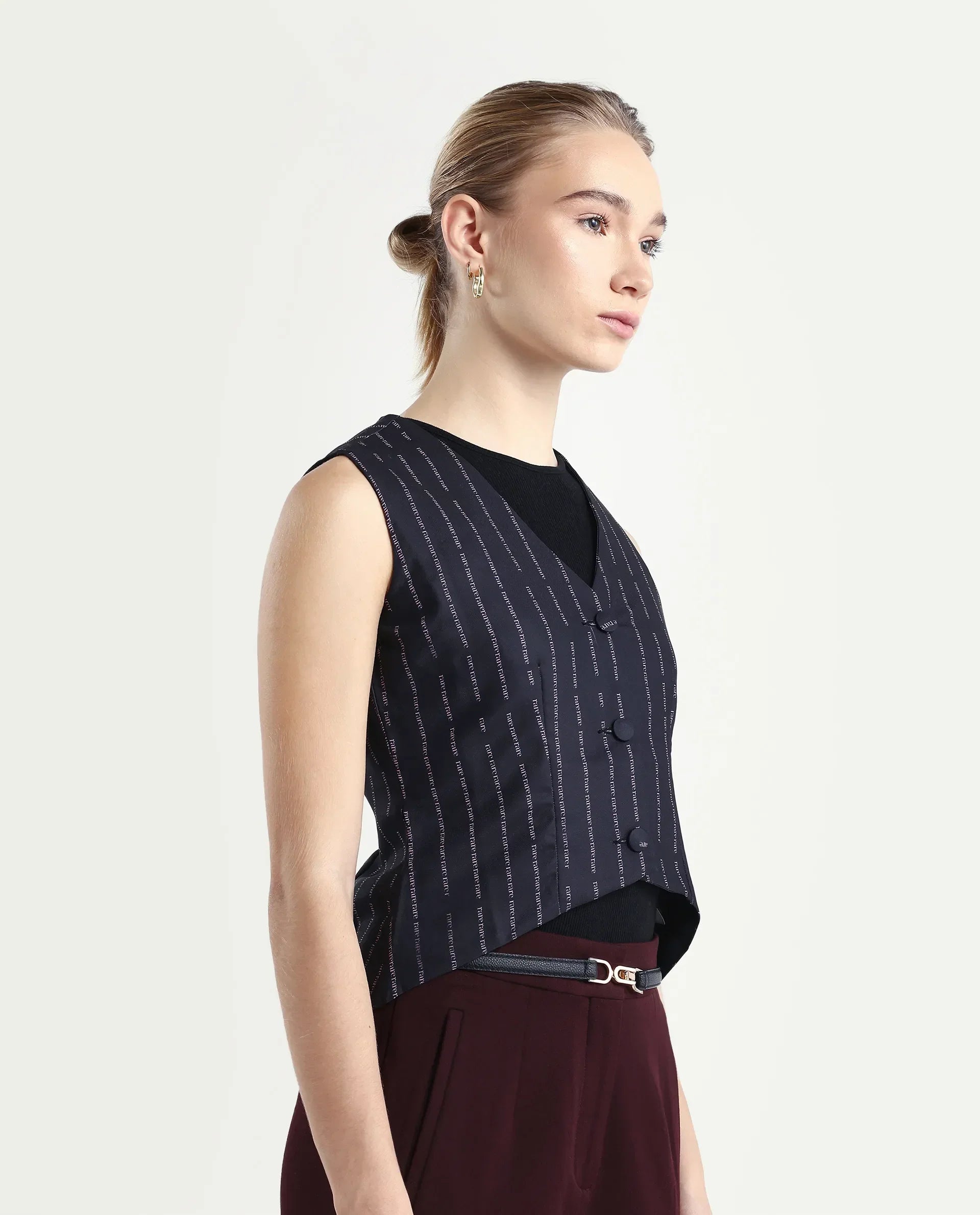 Rareism Women's Hicker Black Polyester V-Neck Striped Sleeveless Regular Fitted Top