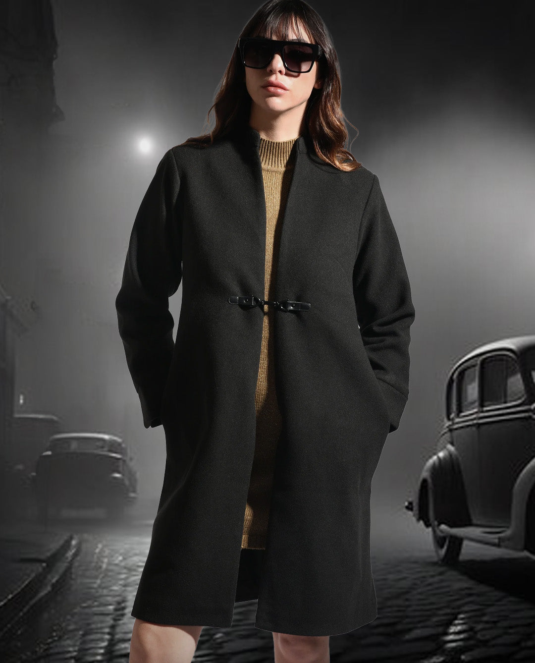 Rareism Women's Sera Black Polyester High Neck Plain Knee Length Regular Fit Jacket