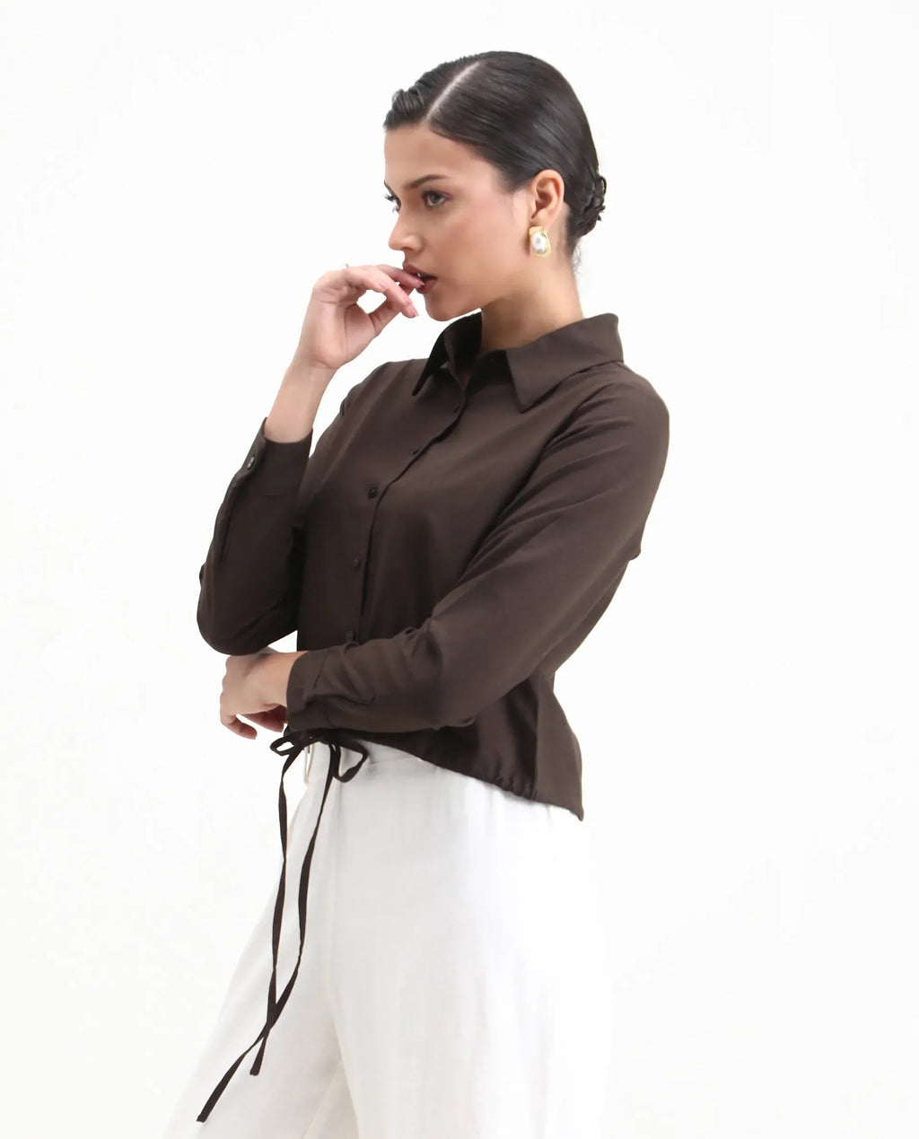 Rareism Women's Hika Dark Brown Lycra Spread Collar Plain Cuffed Sleeve Regular Fit Top