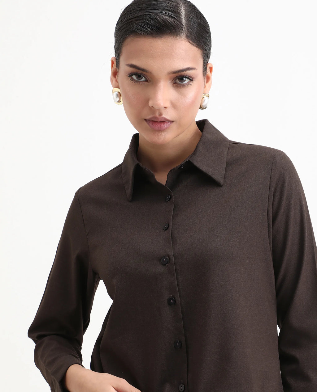 Rareism Women's Hika Dark Brown Lycra Spread Collar Plain Cuffed Sleeve Regular Fit Top