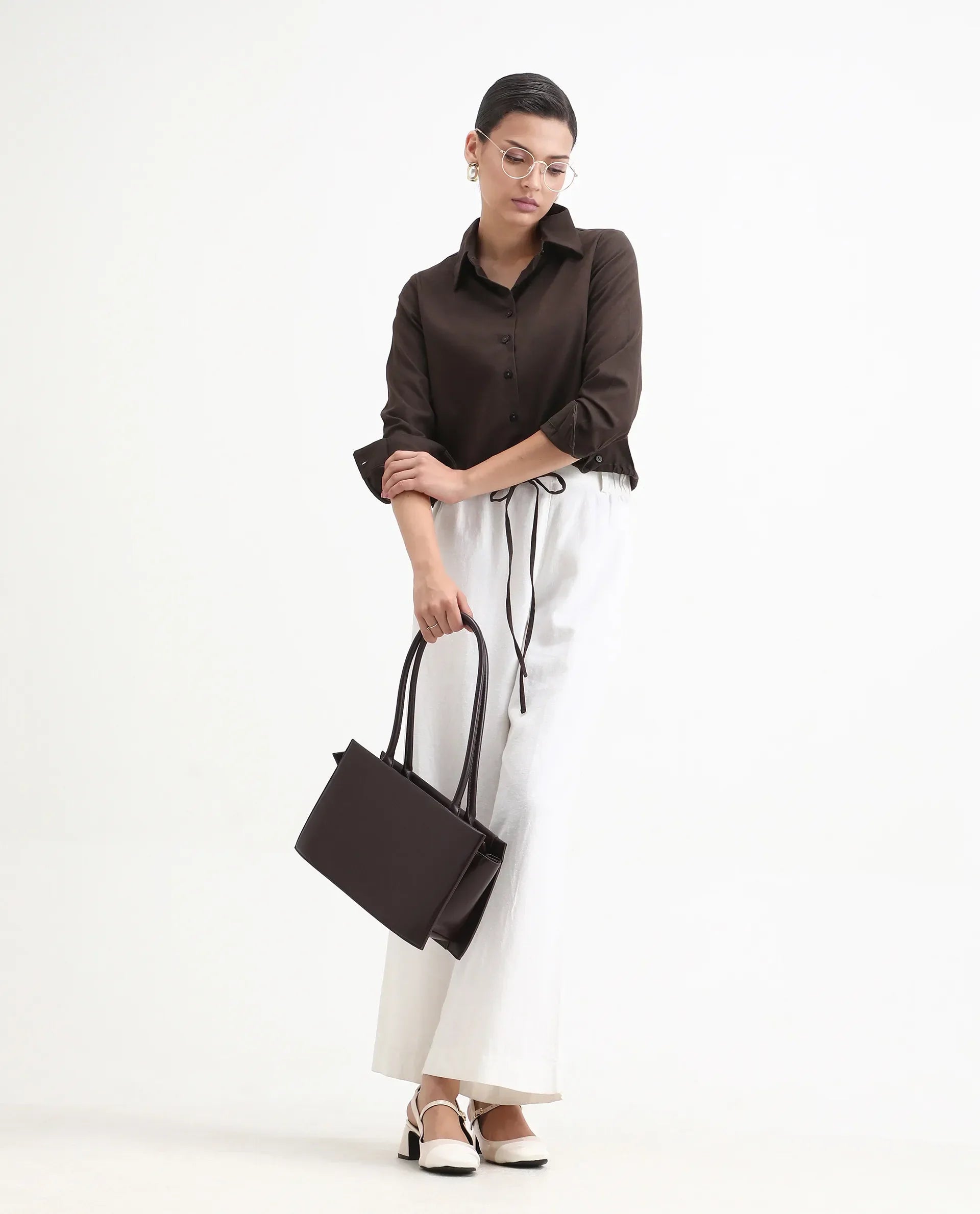 Rareism Women's Hika Dark Brown Lycra Spread Collar Plain Cuffed Sleeve Regular Fit Top
