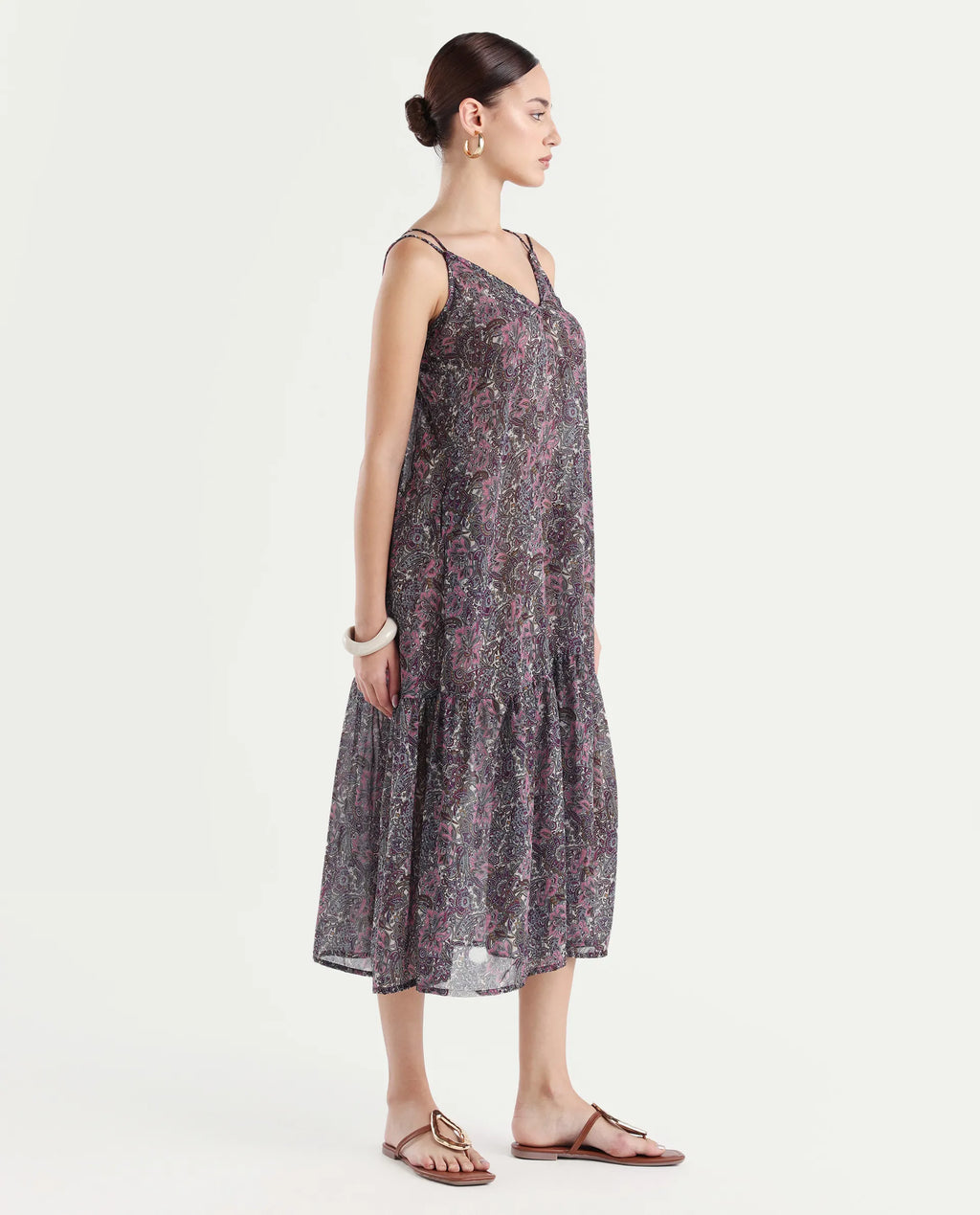 Rareism Women's Hilda Pink V-Neck Abstract Print Sleeveless Knee Length Regular Fit Dress