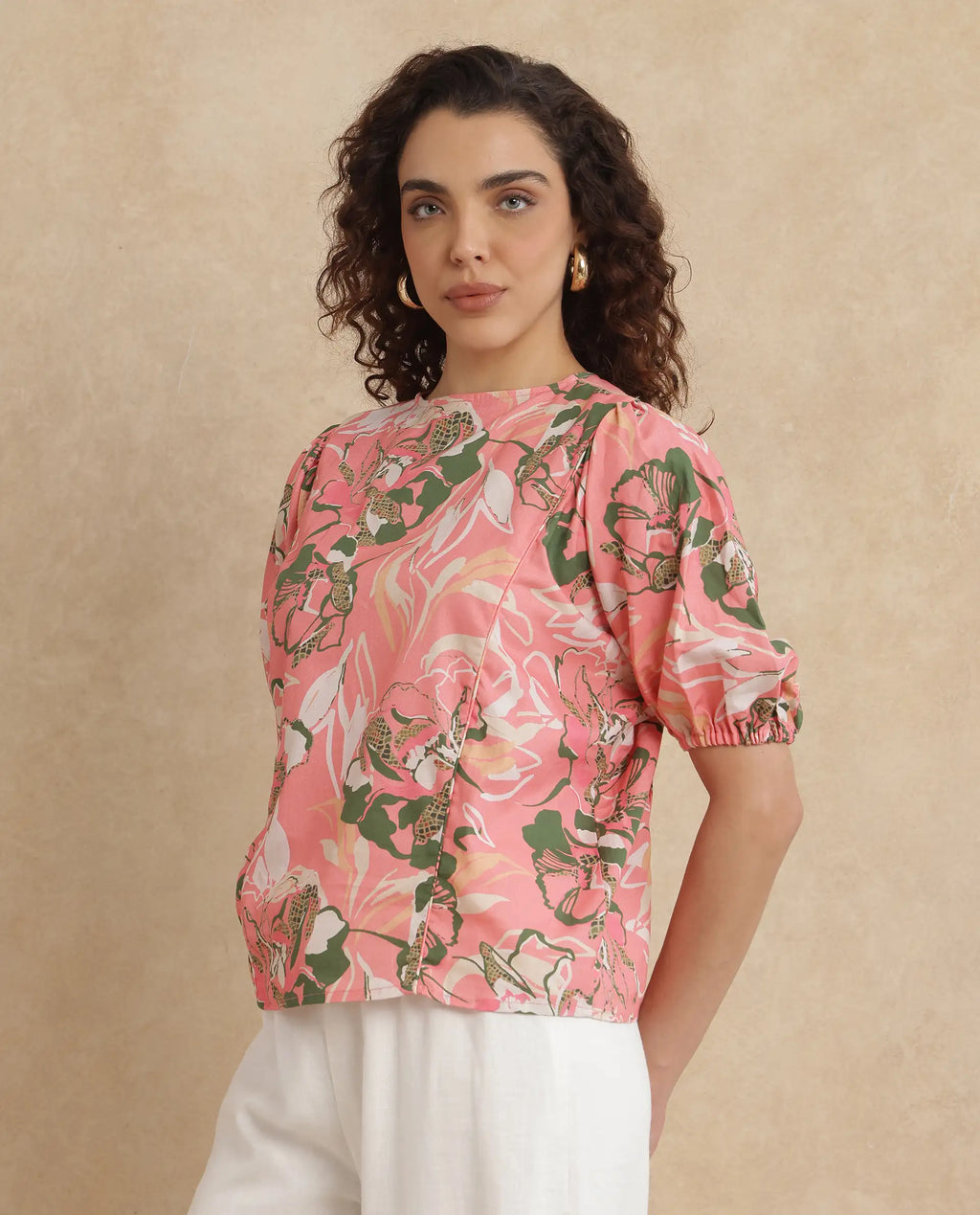 Rareism Women's Hirtemis Pink Cotton Blend Crew Neck Floral Print Balloon Sleeve Regular Fit Top
