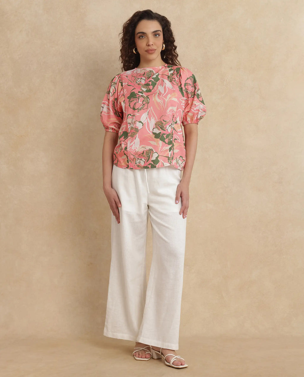 Rareism Women's Hirtemis Pink Cotton Blend Crew Neck Floral Print Balloon Sleeve Regular Fit Top