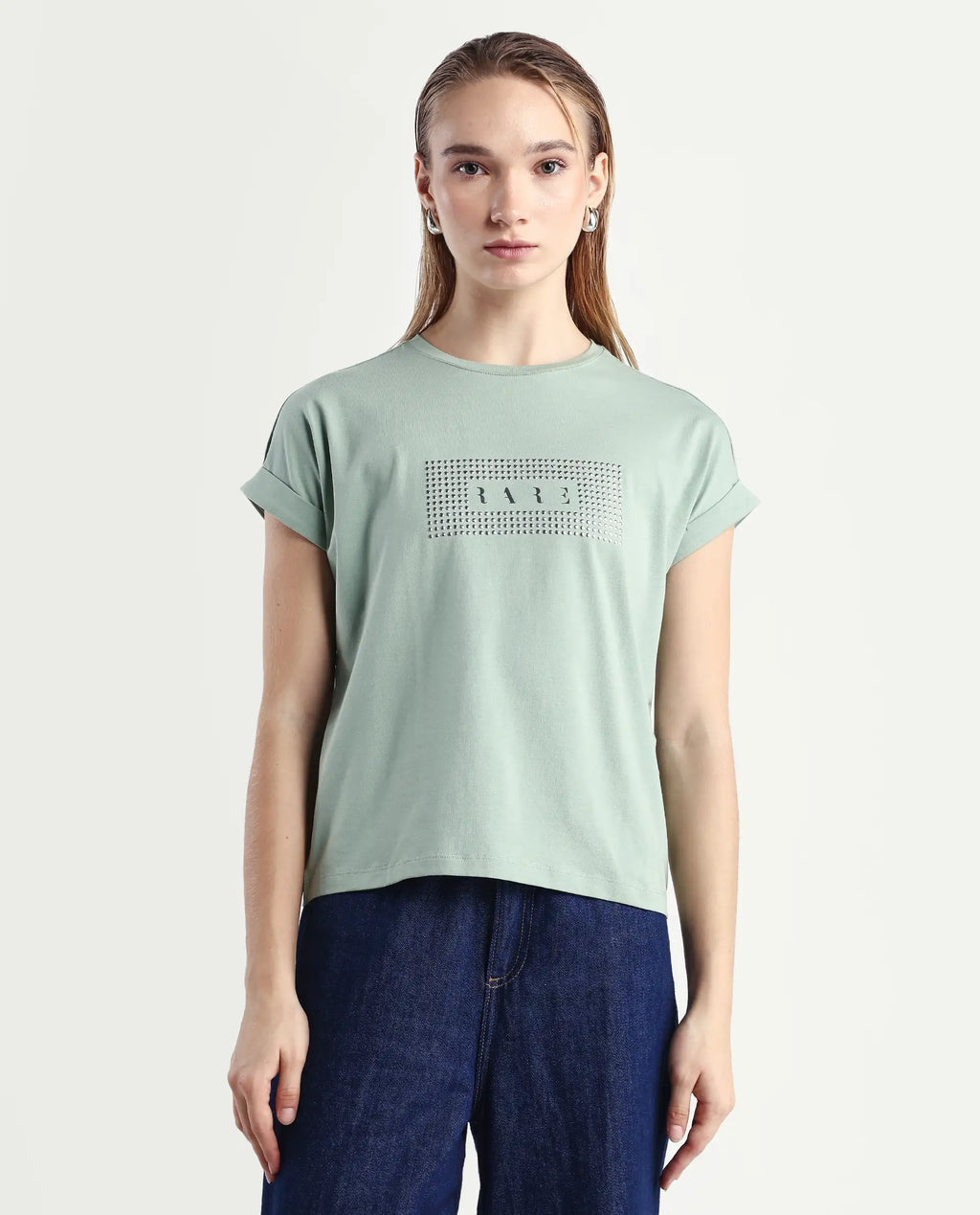 Rareism Women's Hoet Green Cotton Blend Crew Neck Graphic Print Extended Sleeves Regular Fit T-Shirt