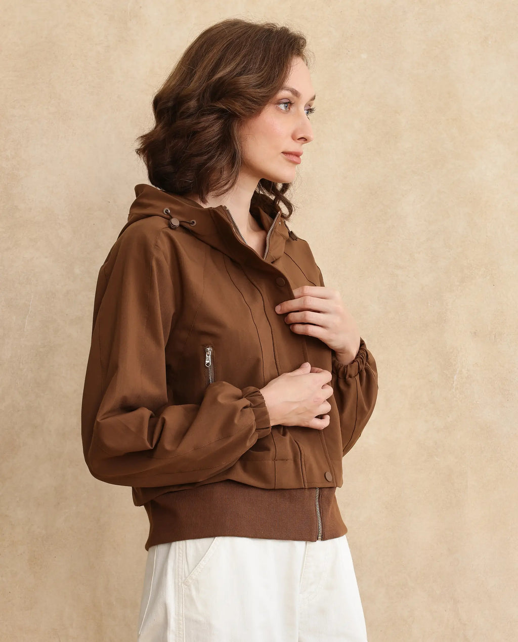 Rareism Women's Hoian Dark Beige Stand Collar Plain Ribbed Sleeve Boxy Fit Jacket