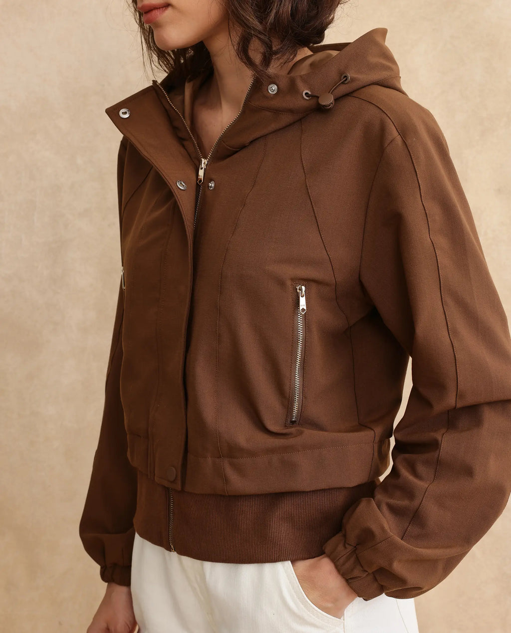 Rareism Women's Hoian Dark Beige Stand Collar Plain Ribbed Sleeve Boxy Fit Jacket