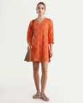 Rareism Women's Hoiter Orange Cotton V-Neck Plain Bell Sleeve Mini A-Line Dress