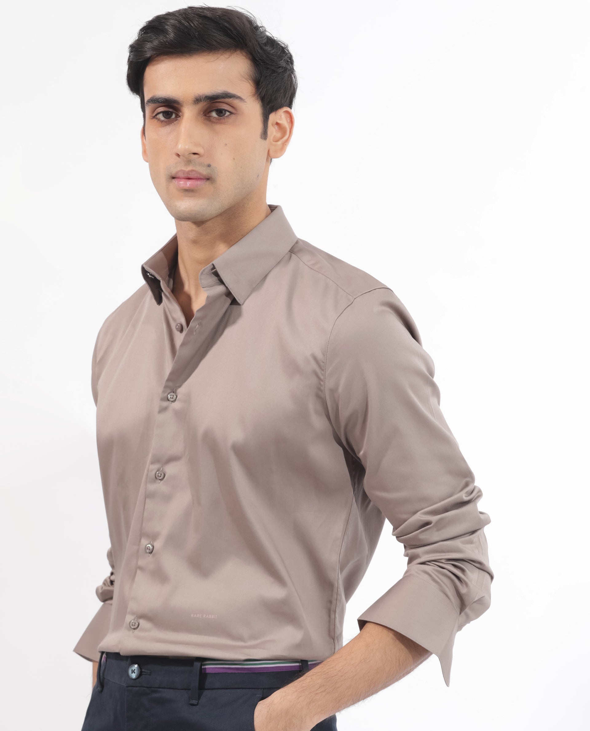 Rare Rabbit Men's Holand Beige Cotton Plain Regular Fit Full Sleeve Collared Shirt