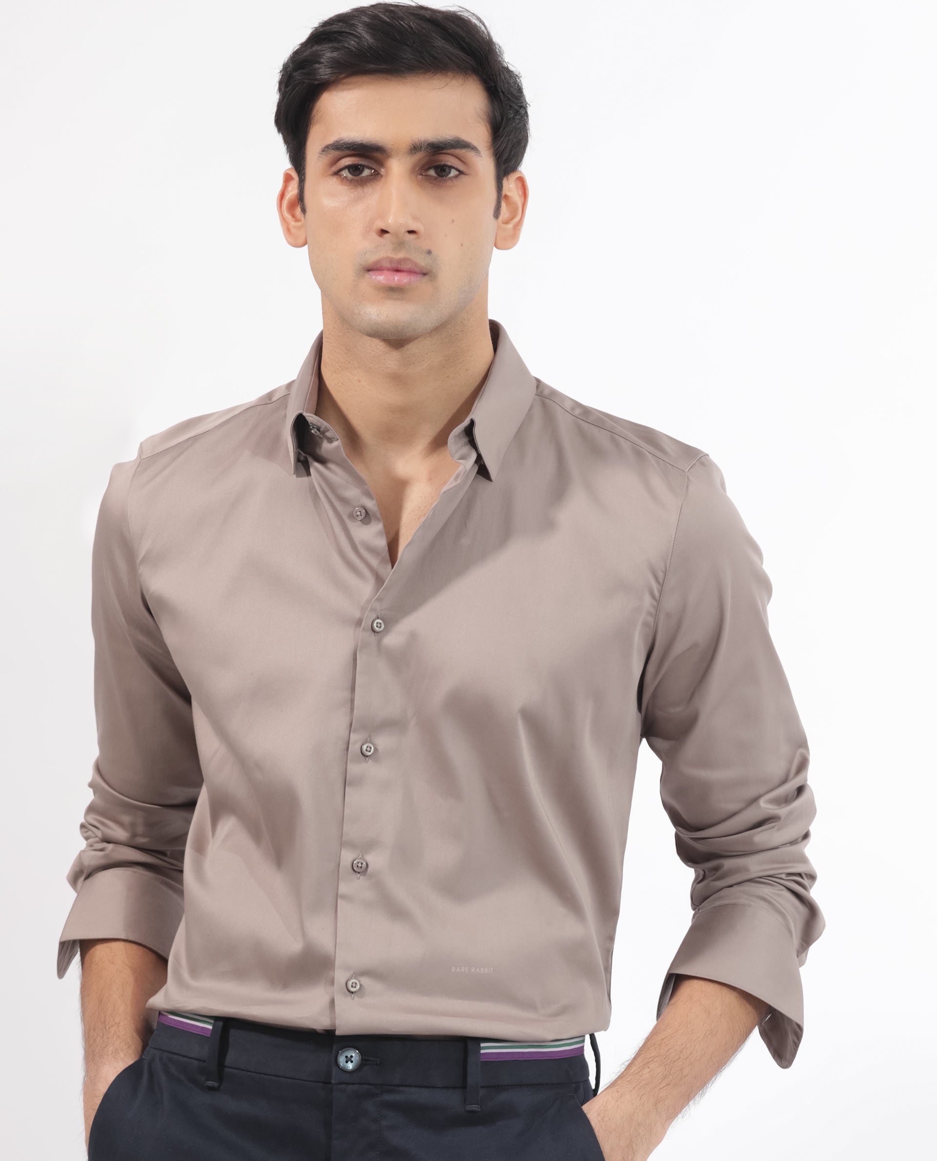 Rare Rabbit Men's Holand Beige Cotton Plain Regular Fit Full Sleeve Collared Shirt