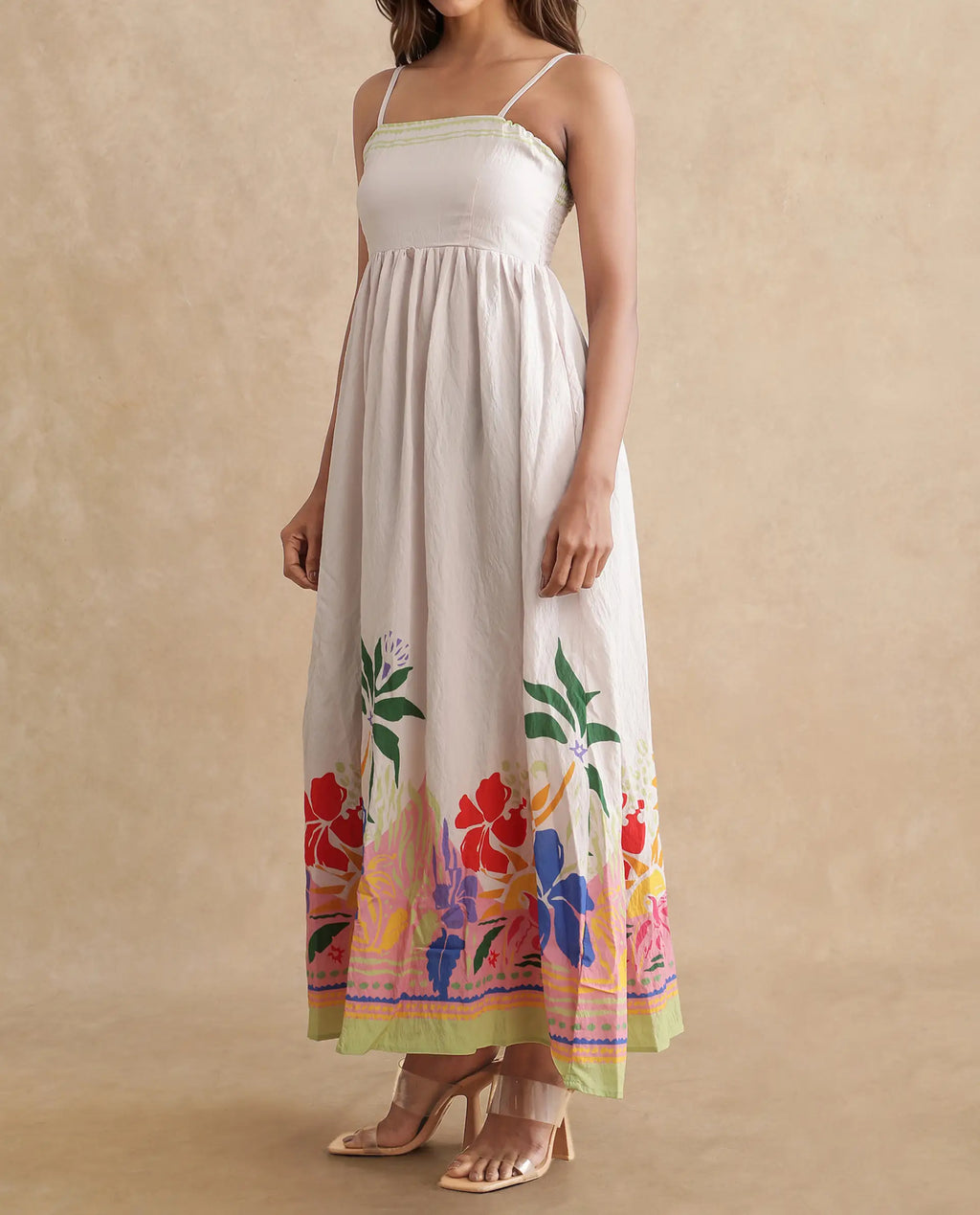 Rareism Women's Holley Multi Rayon Shoulder Strap Floral Print Shoulder Strap Maxi Fit And Flare Dress