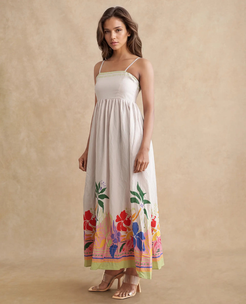 Rareism Women's Holley Multi Rayon Shoulder Strap Floral Print Shoulder Strap Maxi Fit And Flare Dress