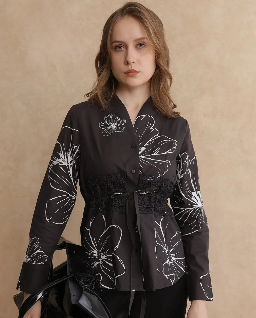 Rareism Women's Hoose Brown Cotton V-Neck Floral Print Cuffed Sleeve Regular Fit Top