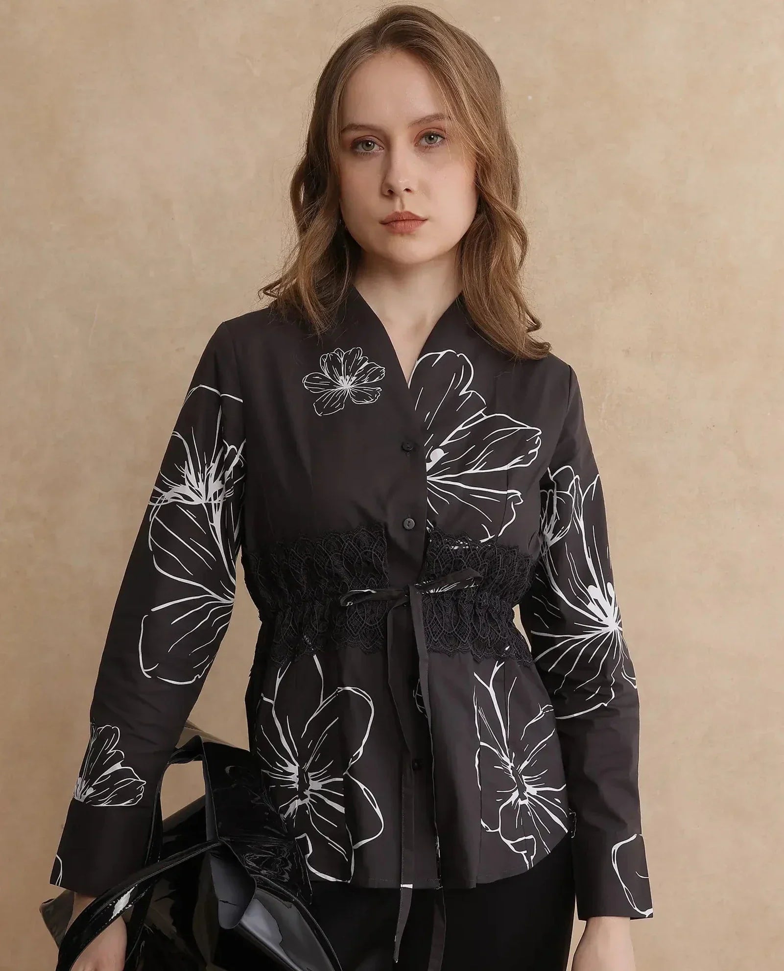 Rareism Women's Hoose Brown Cotton V-Neck Floral Print Cuffed Sleeve Regular Fit Top
