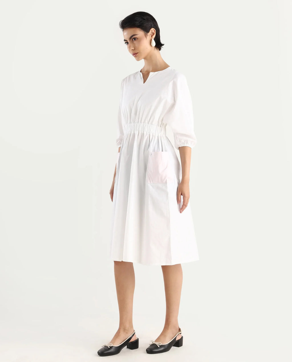 Rareism Women's Huibv White Cotton Blend Crew Neck Plain Bishop Sleeve Knee Length Fit And Flare Dress