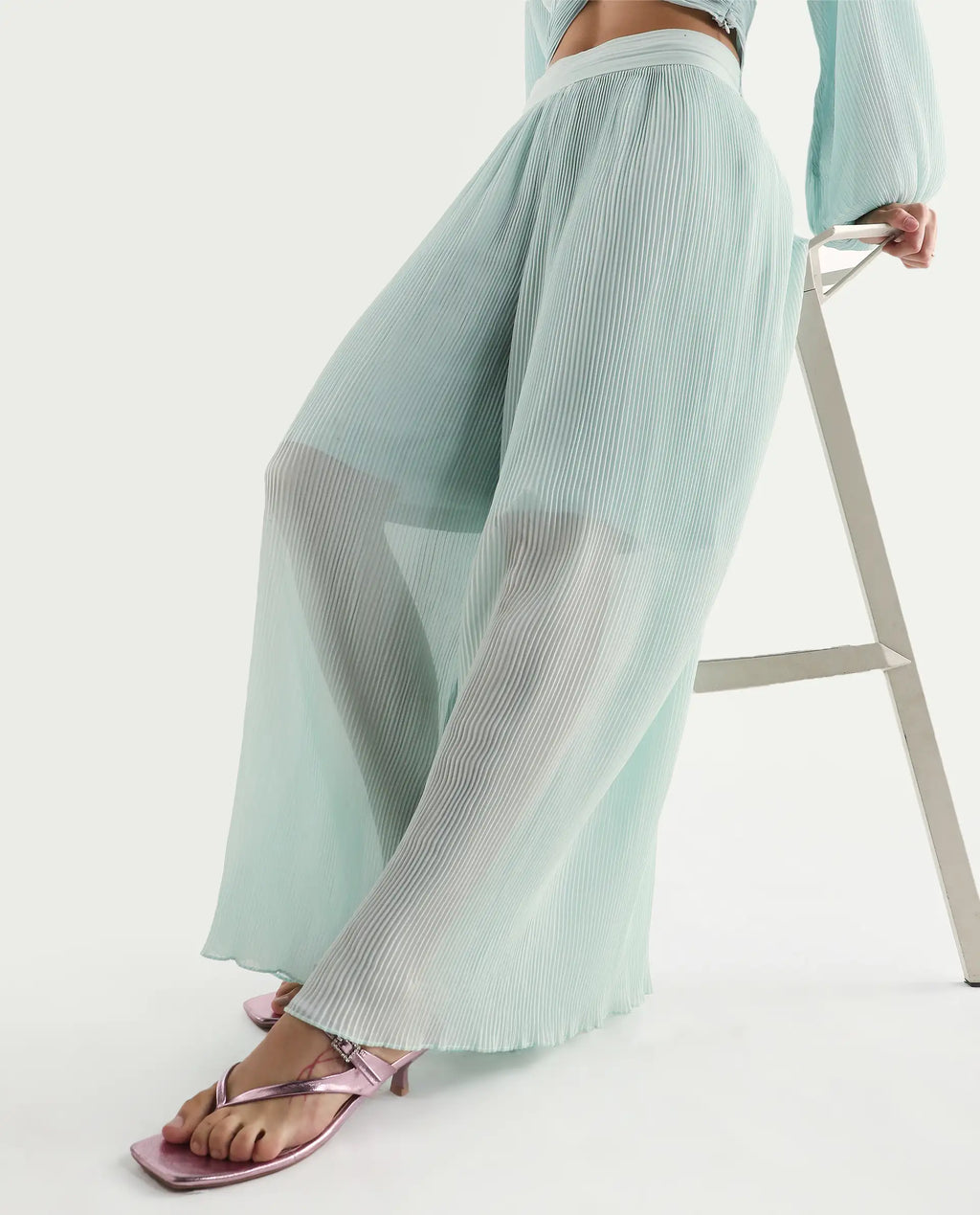 Rareism Women's Humphre-B Pastel Green Polyester Plain Ankle Length Flared Trouser