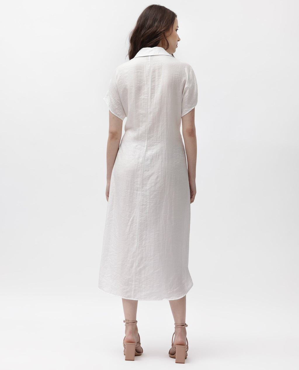 Rareism Women's Husen Dark White Polyester Blend Spread Collar Plain Midi Regular Fit Dress