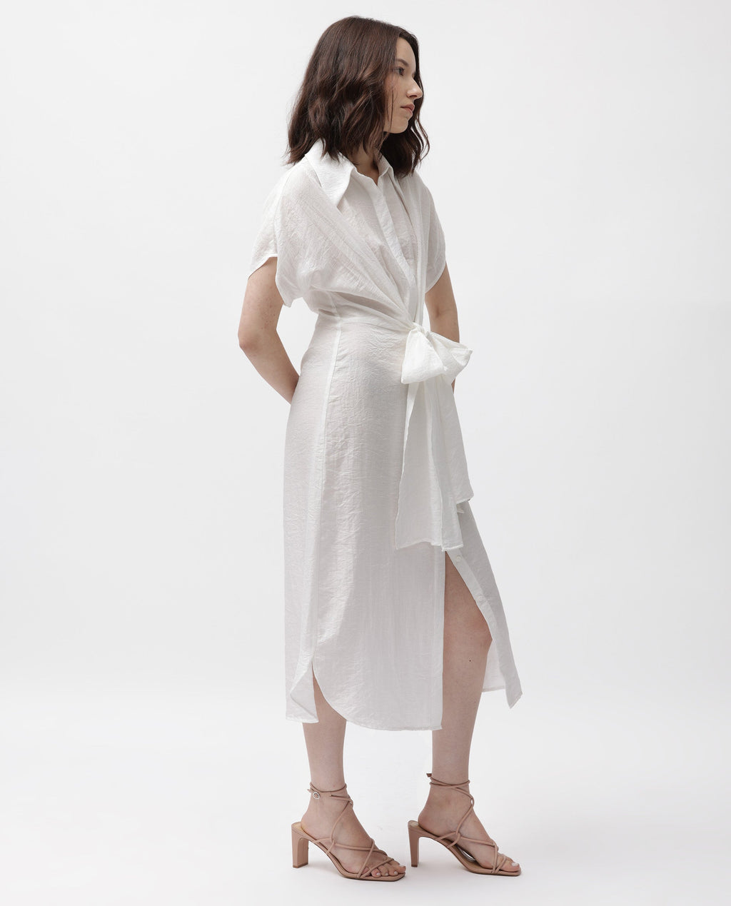 Rareism Women's Husen Dark White Polyester Blend Spread Collar Plain Midi Regular Fit Dress
